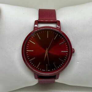 Women’s quartz analog watch burgundy tone 38mm round case mesh band running